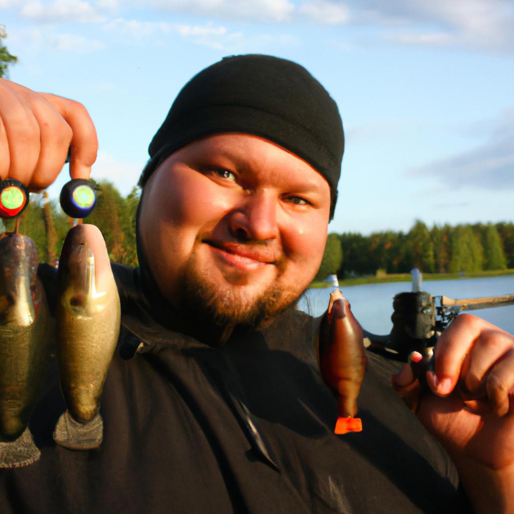 Person holding fishing weights, smiling