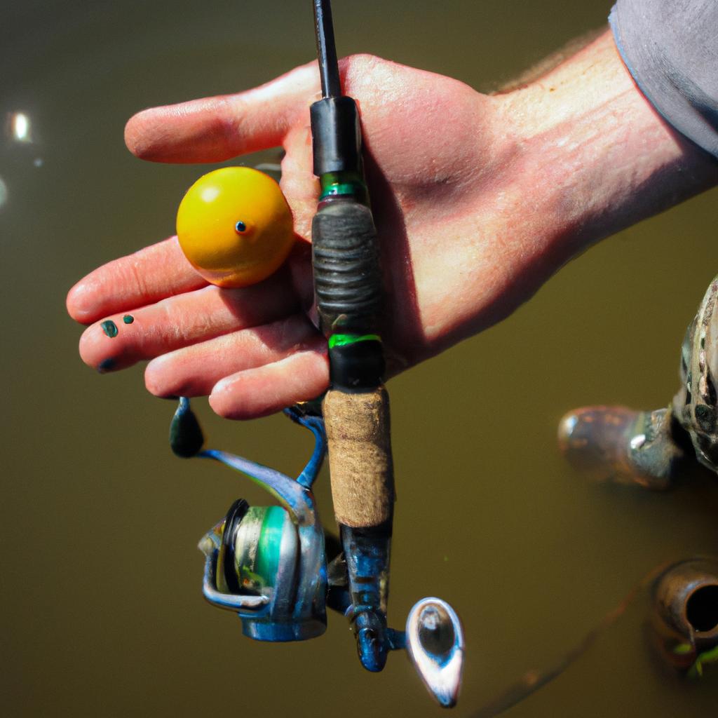 Person holding fishing equipment, weighing bobber